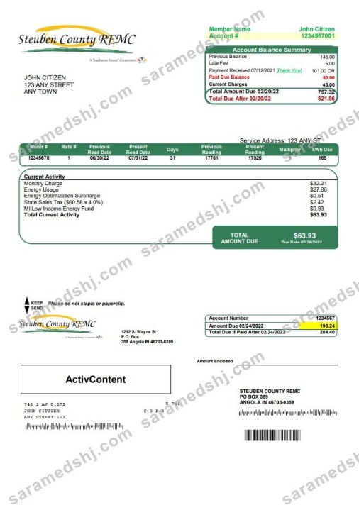 USA Steuben Country REMC utility bill template in Word and PDF format